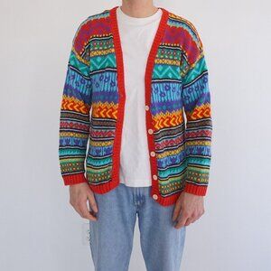 Vintage One Step Up Multicolor Fair Isle Pattern Knit Cardigan Sweater Medium